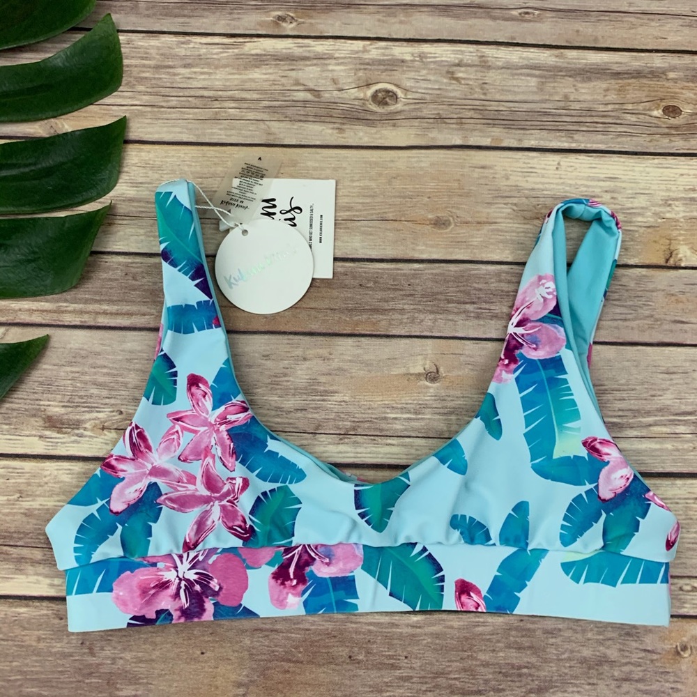 Kulani Kinis blue floral Tahitian Hula bikini top